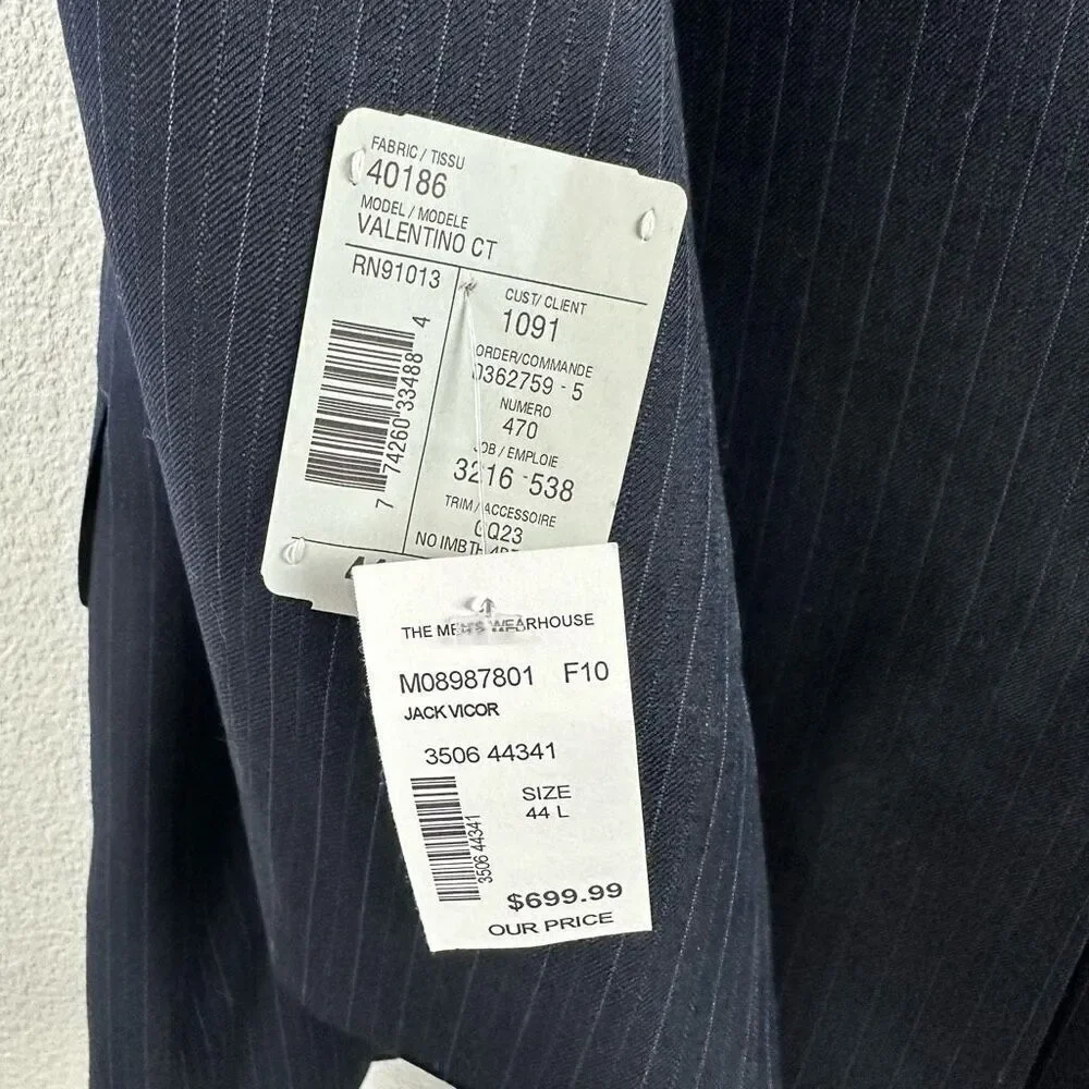 Jack Victor Men's 44L/38 Valentino CT Black Pinstripe Suit Set 100% Wool‎ New